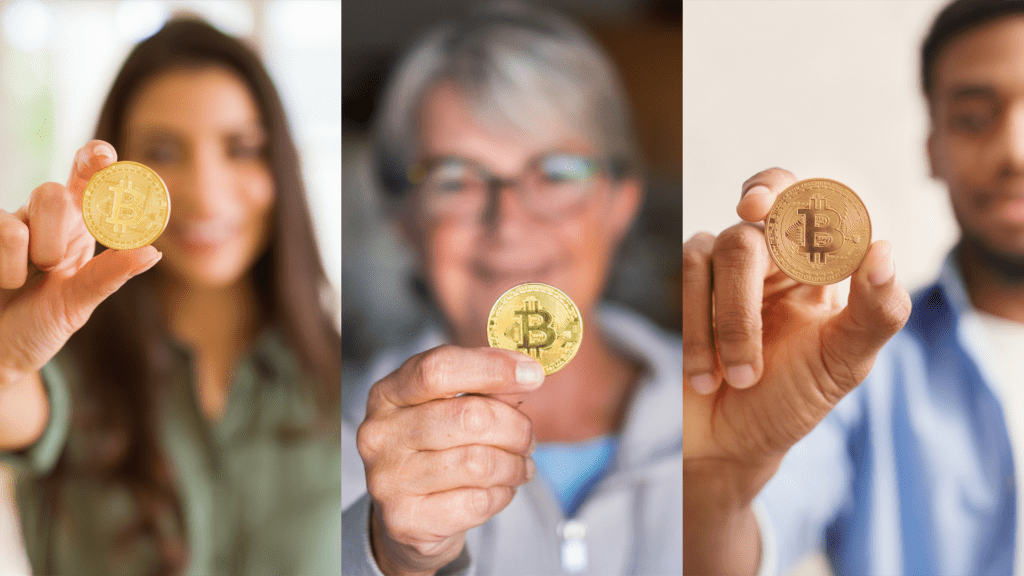 Three people hold up coins with Bitcoin's logo on them.