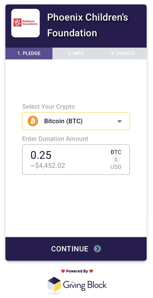 Screenshot showing how to select the type and amount of cryptocurrency to donate to Phoenix Children's. 