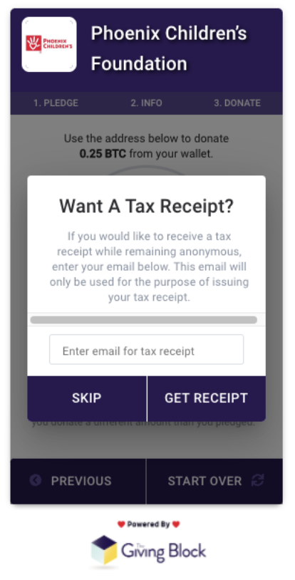 Screenshot showing where to enter your email in order to get a tax receipt. 