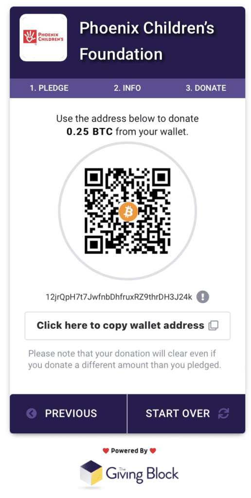 Screenshot showing the QR code to scan to copy the wallet address for Phoenix Children's. 
