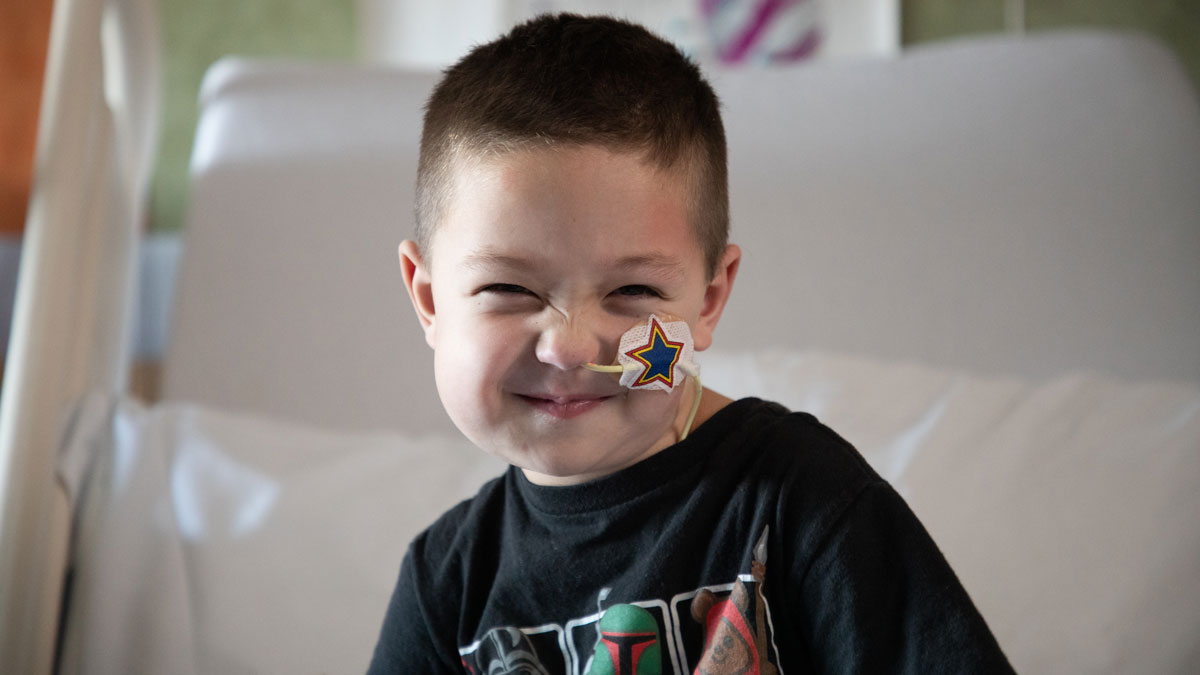 Five-year-old Braden, a leukemia patient, in his hospital room at Phoenix Children's