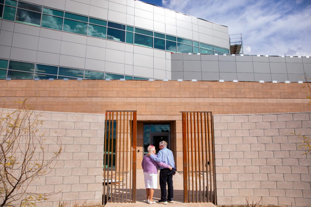 Vickie and Jerry Moyes look at the building that will bear their name at Phoenix Children's Hospital – Arrowhead Campus.